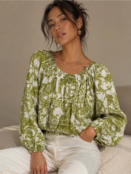 Rachel Zoe Tops - Rachel Zoe Olive and White Floral Peasant Blouse